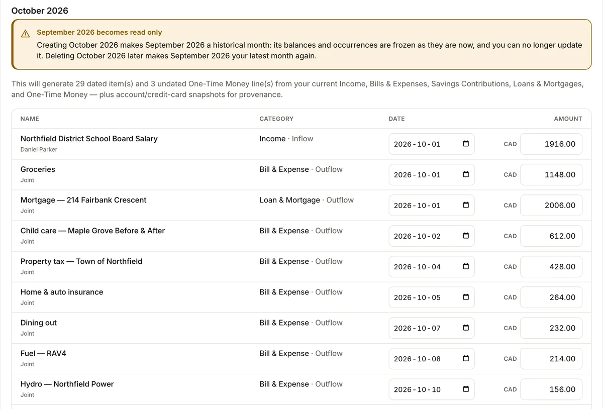 MonthCast Preview for October 2026: a notice that September 2026 becomes read only, and the dated items that will be generated from current Income, Bills, Savings Contributions and Loans.