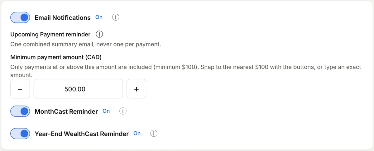 Settings, Notifications: the Email Notifications master switch, the Upcoming Payment reminder threshold, the MonthCast Reminder and the Year-End WealthCast Reminder.